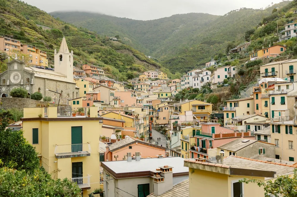 A city with mountains in the background