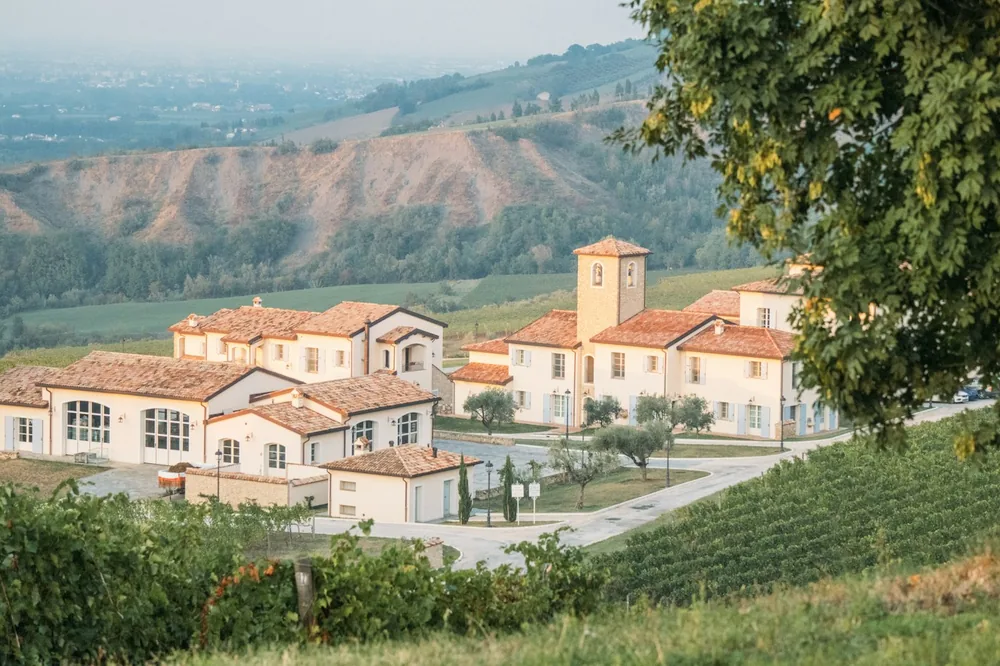 A collection of buildings nestled among vineyards on rolling hills