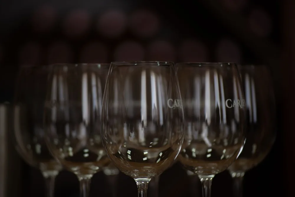 A collection of elegant empty wine glasses reflecting light in a close-up still life setup