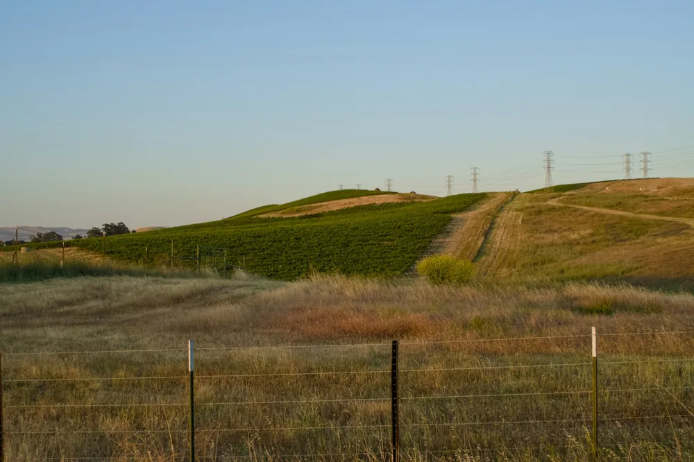 A fenced in field with a hill in the background