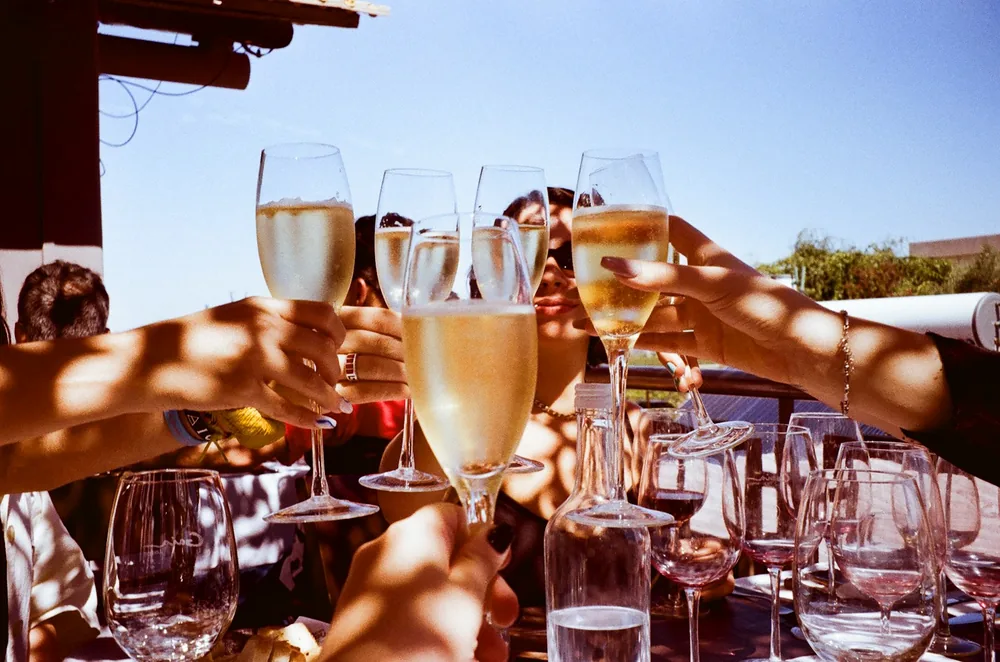 A group of people toasting with wine glasses