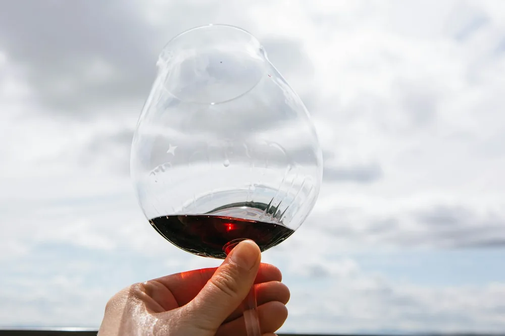 A hand holding a glass of red wine