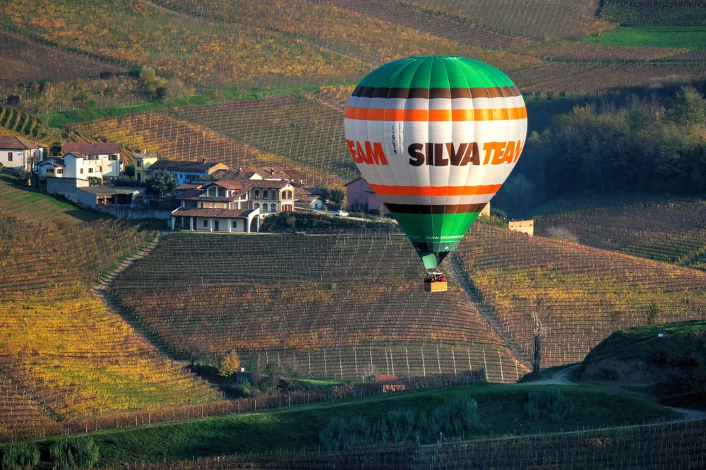 A hot air balloon glides over vineyards and a small village in the countryside