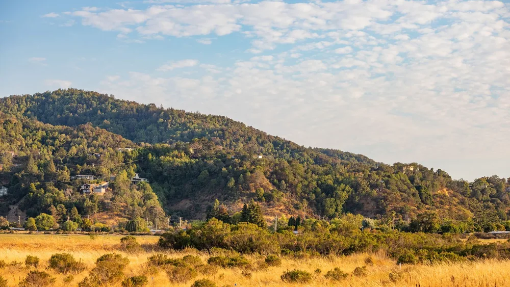 A lush green mountain with scattered houses under a partly cloudy sky