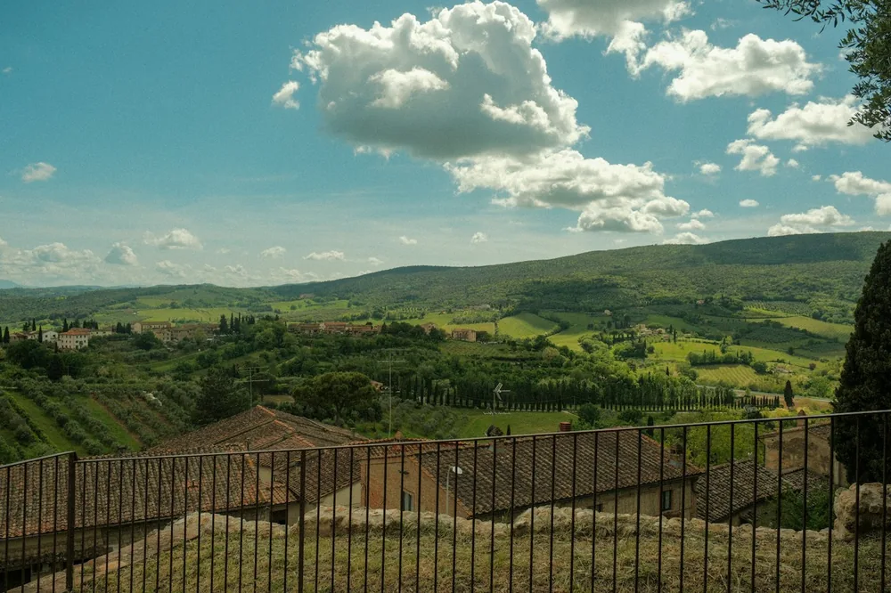 A lush green valley with hills in the distance