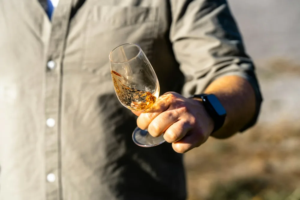 A man holding a wine glass in his hand