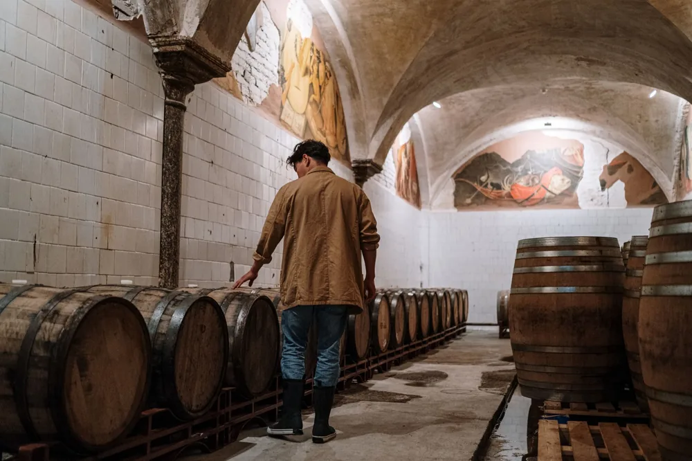 A man inspecting wooden barrels in a brewery cellar, checking fermentation storage