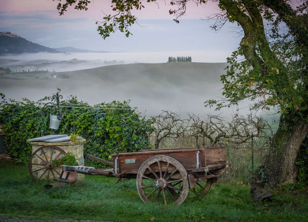 A rustic wooden wagon sits in a misty countryside landscape with a serene foggy horizon