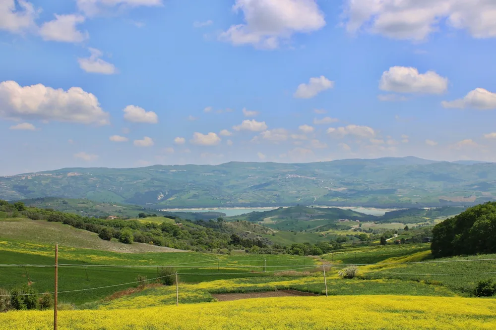 A valley with a lake on a spring day