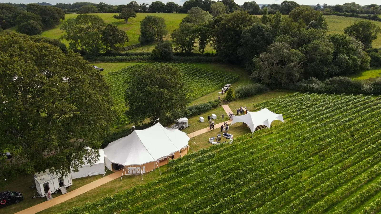 Aerial view over a vineyard with white event tents set among lush green rows of vines