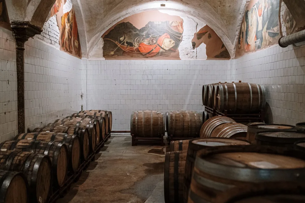 Aged wooden barrels in a historic cellar with decorative murals