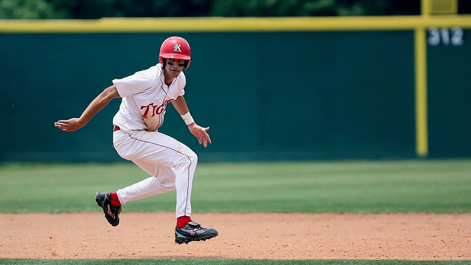 Athlete in action running on baseball field, wearing helmet and uniform