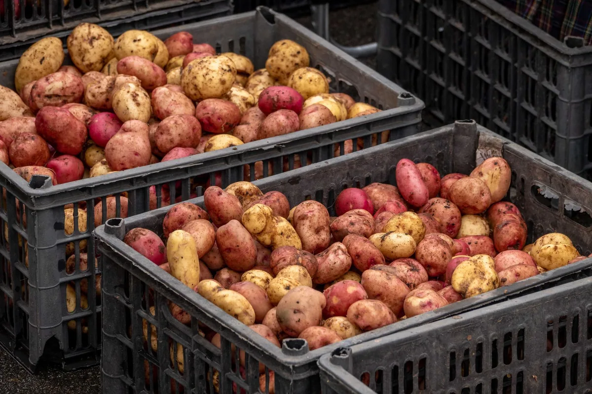 Freshly harvested red and yellow potatoes in plastic crates at a market