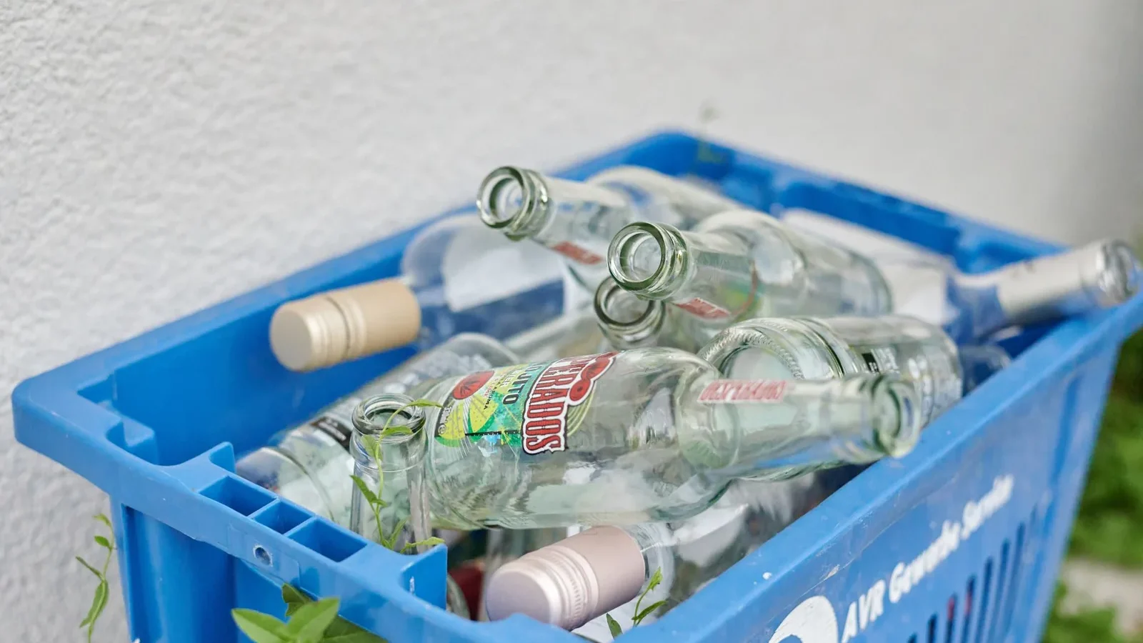 Blue crate filled with empty glass bottles ready for recycling. Eco-friendly waste management concept