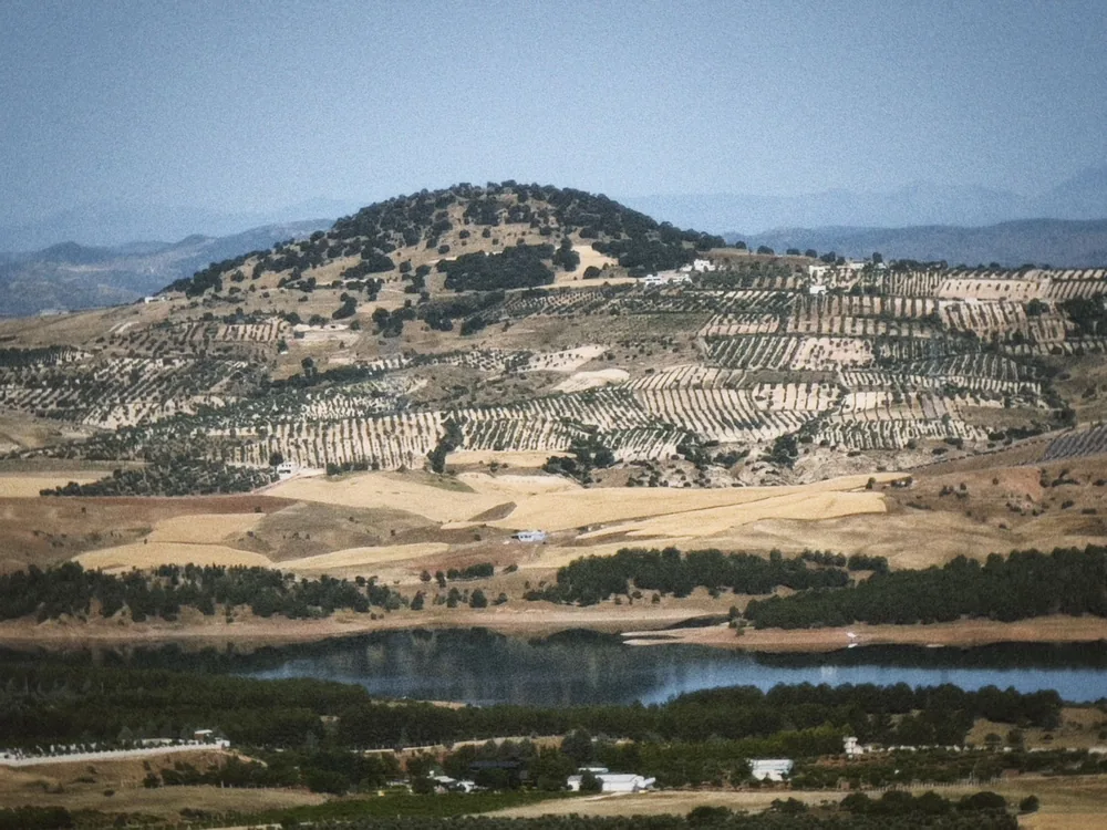 Captivating view of terraced hills with lake and farmland landscape