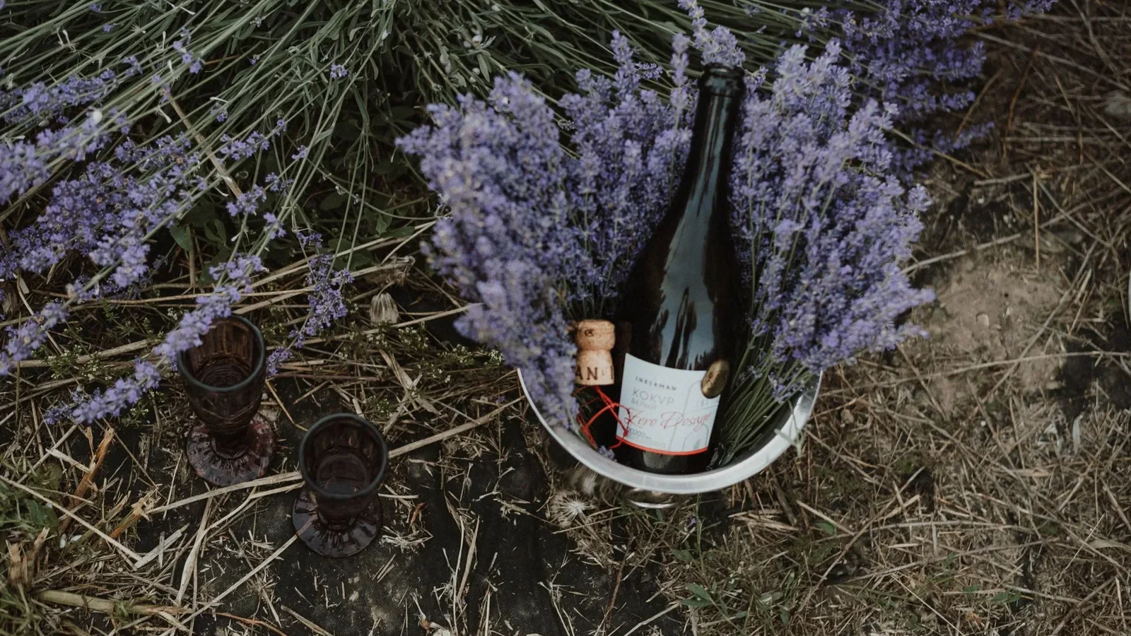 Champagne bottle nestled in lavender surrounded by glasses in a serene outdoor setting