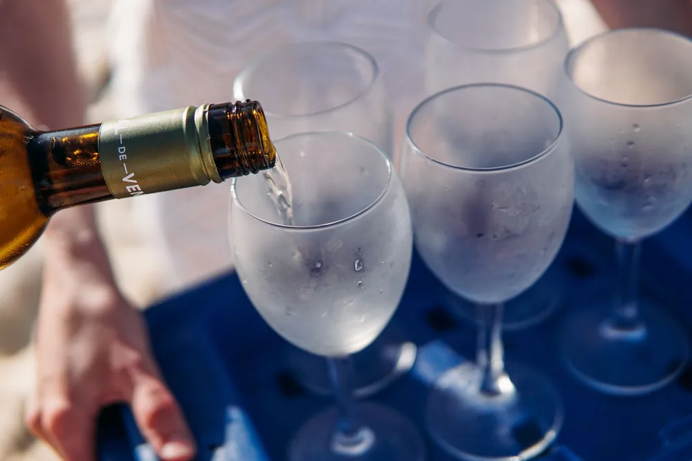 Chilled white wine being poured into frosted glasses, perfect for a summer gathering