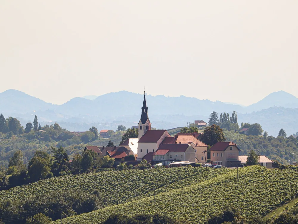 Church surrounded by vineyards and rolling hills under a clear sky