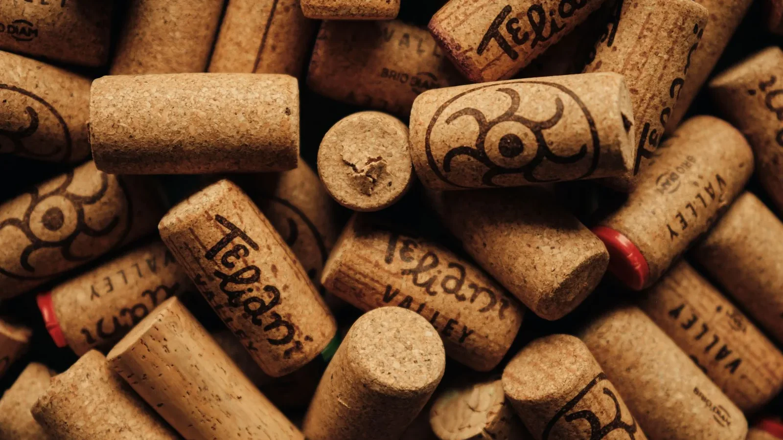 Close-up shot of wine corks with distinct markings showcasing winery names and designs