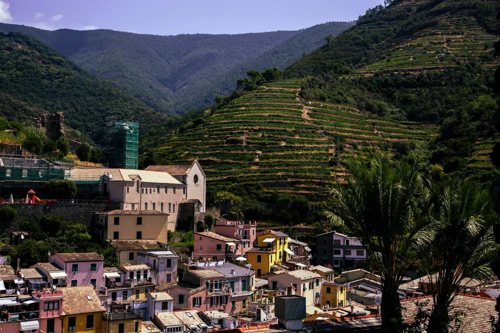 Colorful village houses nestled among terraced vineyards and mountains
