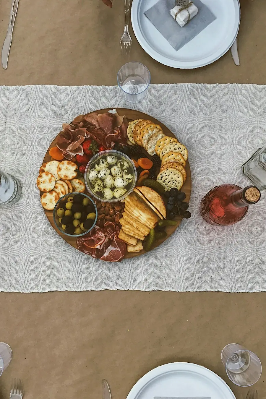 A table set with food and wine