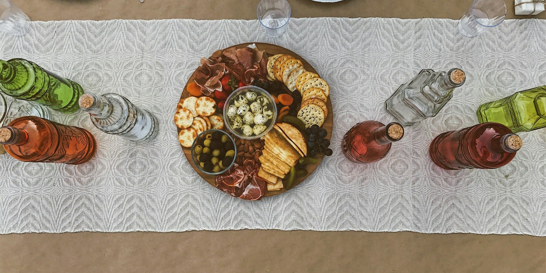 A table set with food and wine