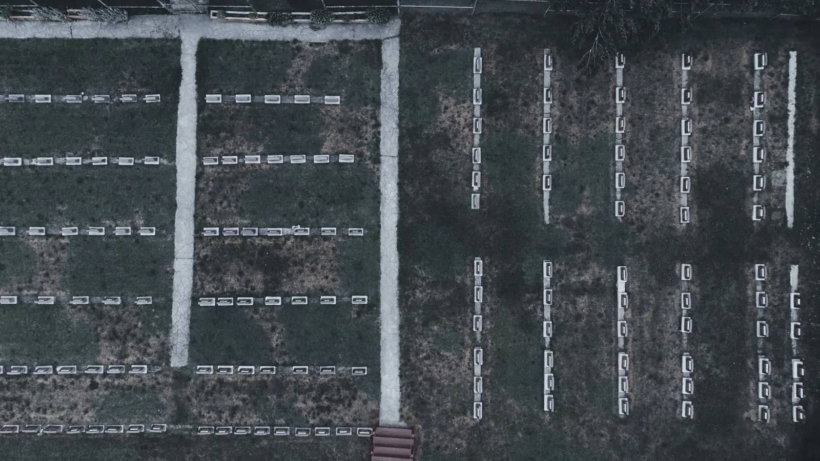 Drone shot capturing the structured layout of a cemetery with rows of tombstones and pathways