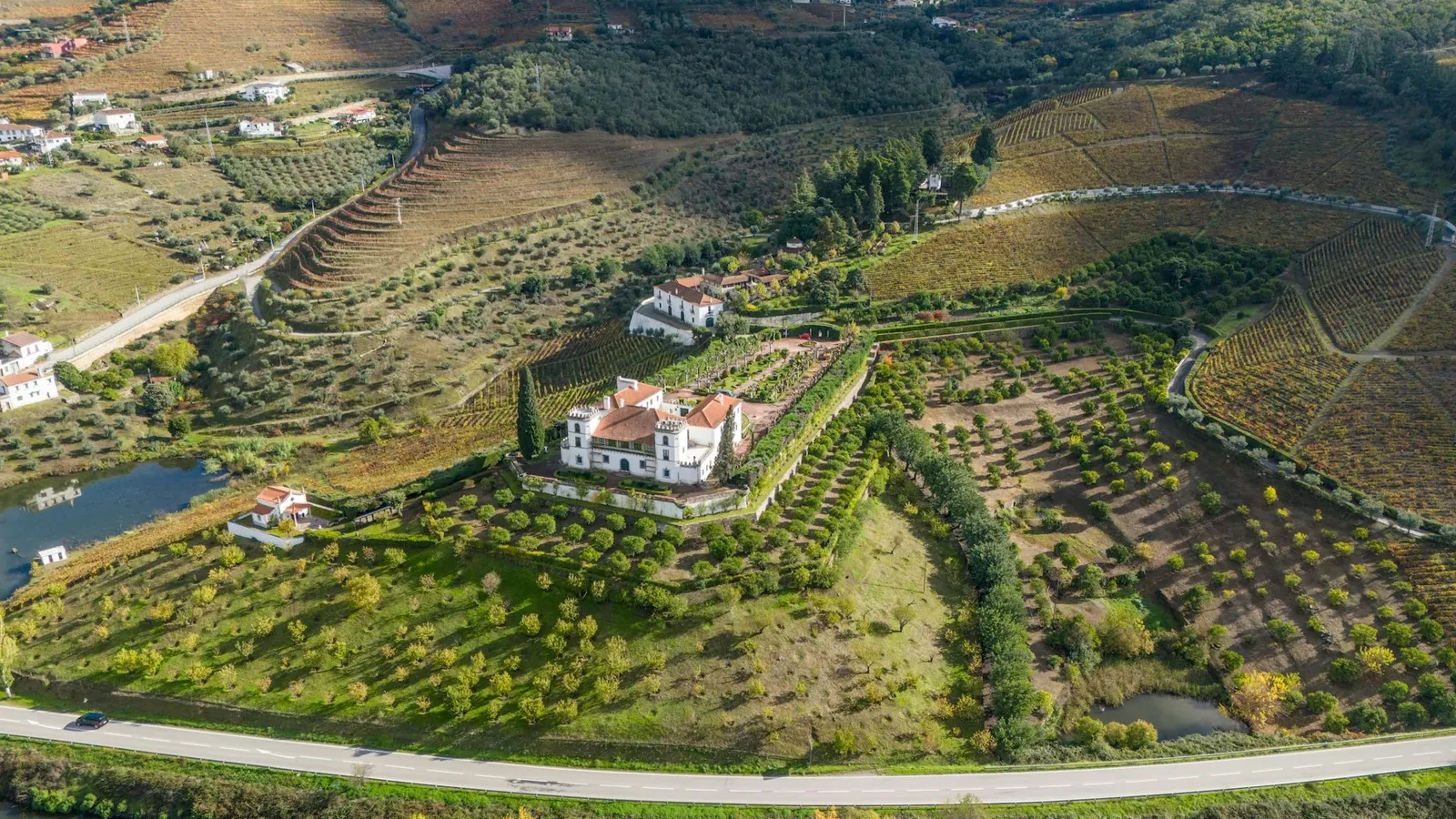 Estate surrounded by vineyards and orchards near river