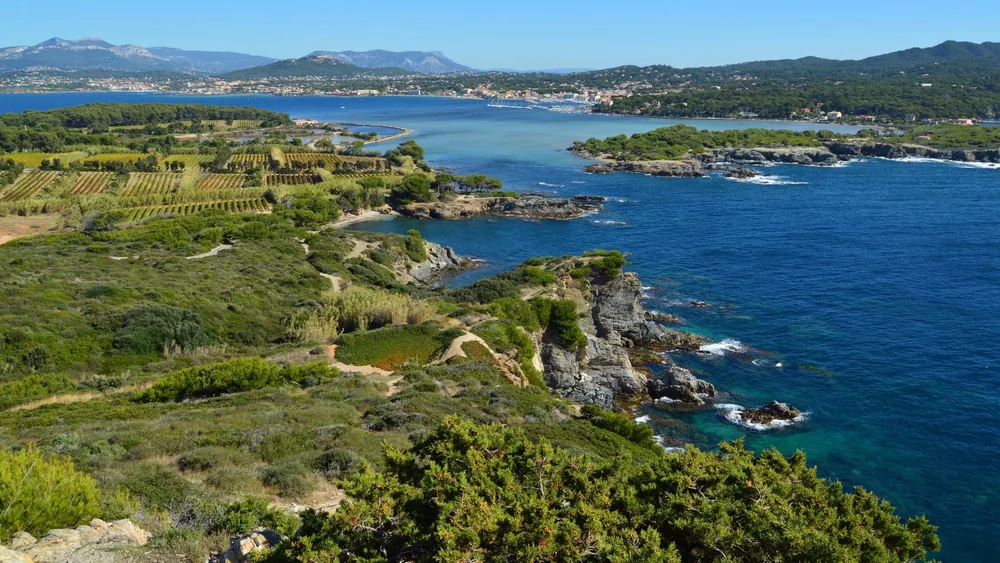 Explore a coastal view featuring lush greenery, rocky shores, and blue ocean waters