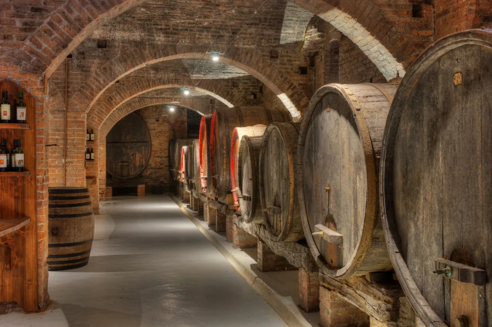 Explore an illuminated underground wine cellar with large wooden barrels and brick arches