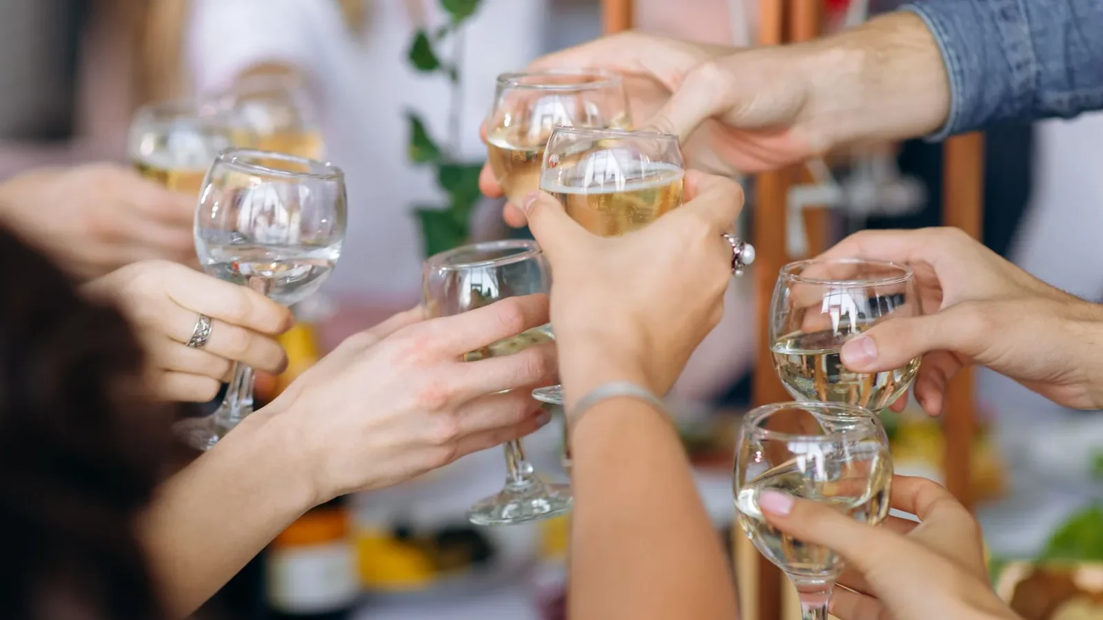 Friendly gathering with people toasting with wine glasses, capturing joyful celebration and togetherness