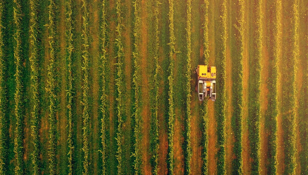 From above of agricultural field with yellow combine and green grass and plants growing