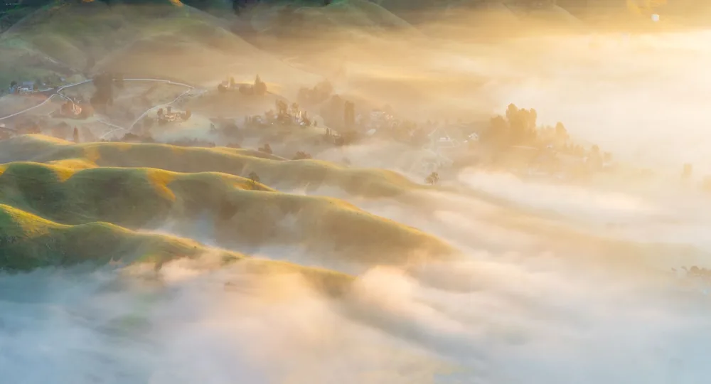 Golden mist envelops rolling hills and valleys in a tranquil sunrise scene