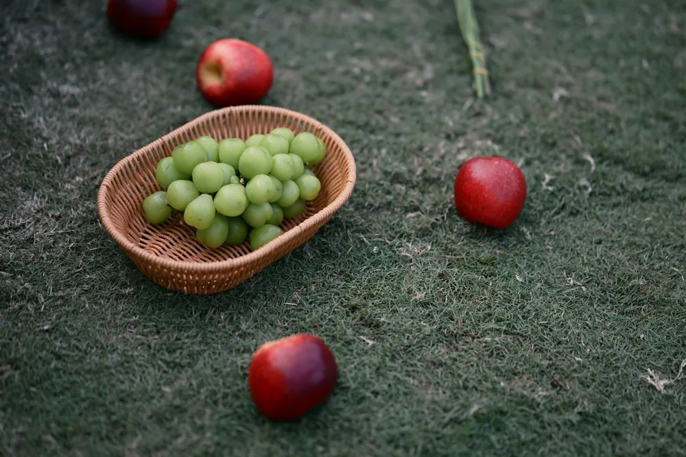 Green grapes in a basket and red apples on grass