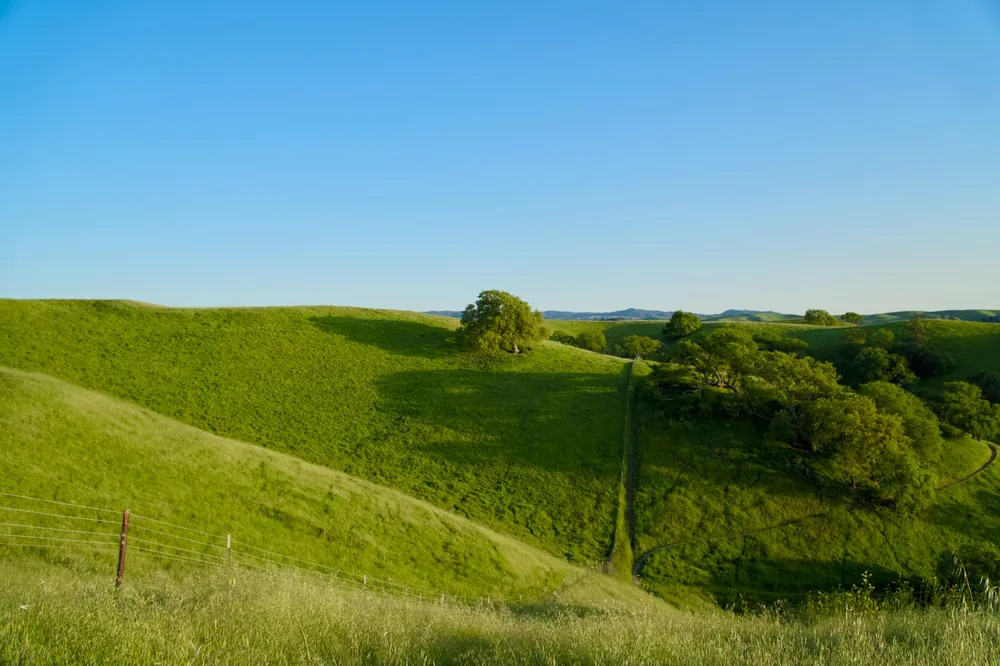 Green hills under a bright blue sky