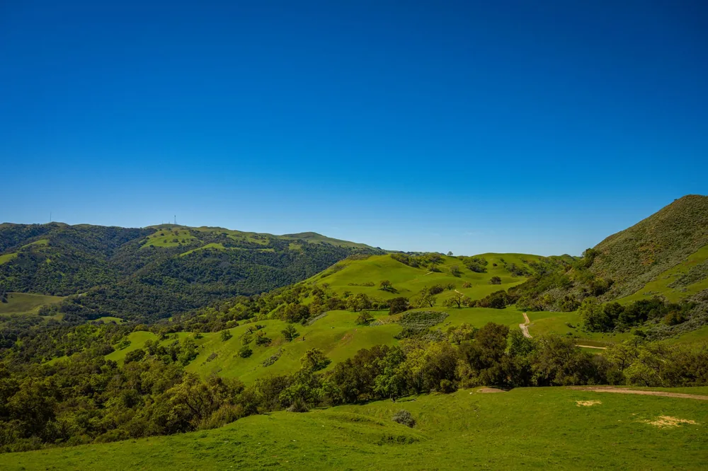 Green hills under a clear blue sky in Sunol, California, showcasing natural beauty