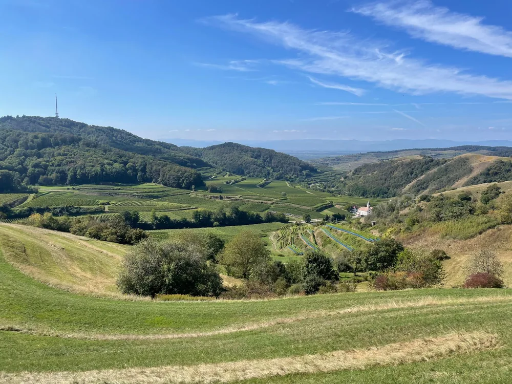 Hillscape with verdant farmlands under a clear blue sky