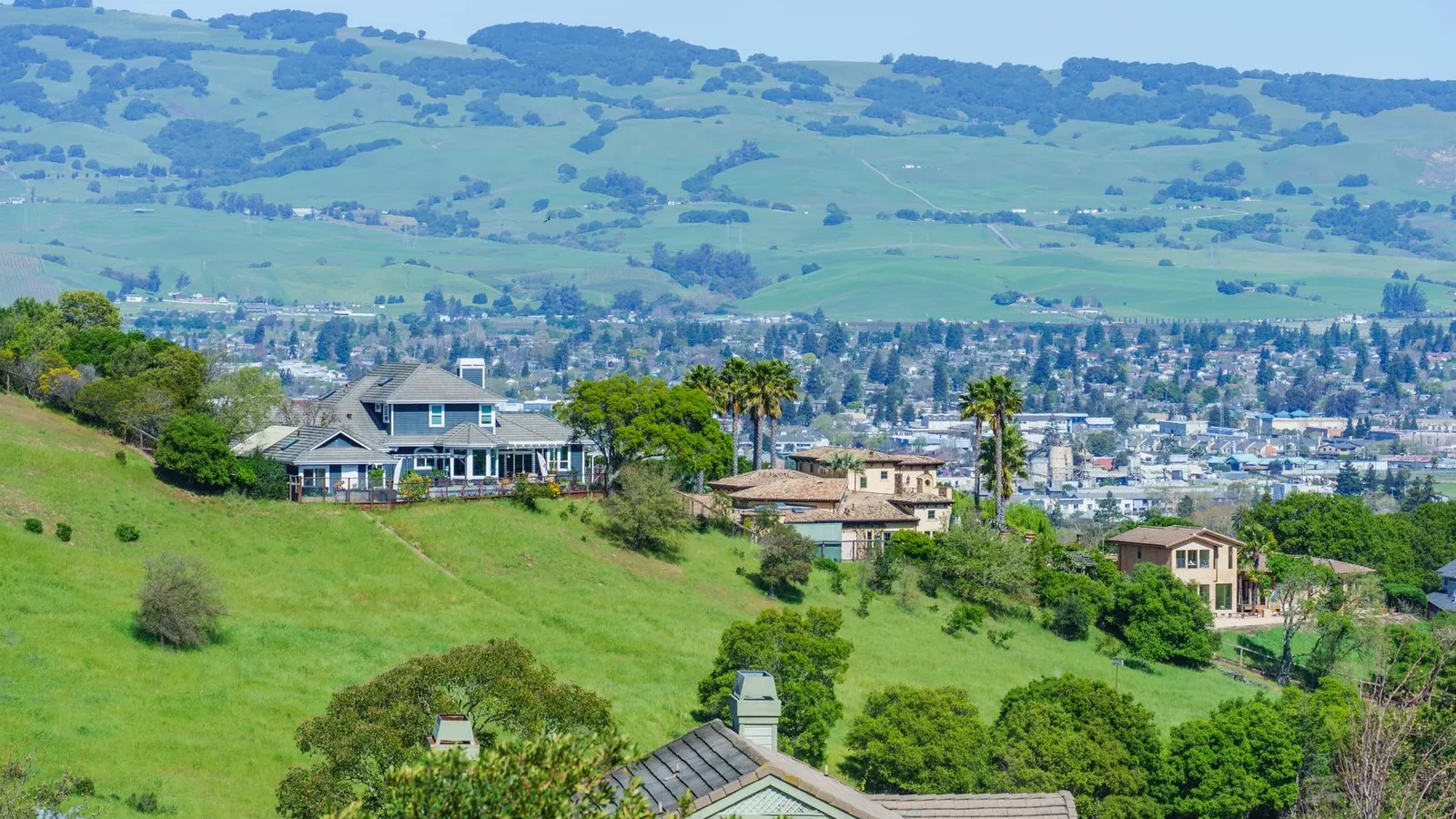 Hillside houses with lush green surroundings, overlooking a sprawling valley on a sunny day