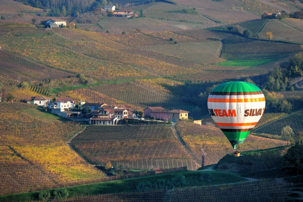 Hot air balloon soaring above scenic rural vineyard hills
