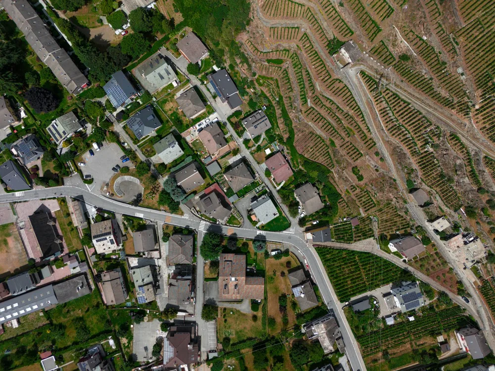 Houses and roads in a residential area near terraced vineyards