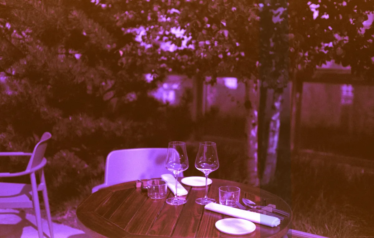Plate of grilled pork and charred vegetables beside a glass of dark red wine outdoors