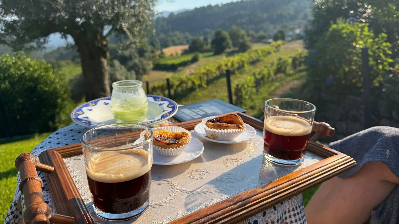 Outdoor cafe with espresso, pastries, and lush vineyard view