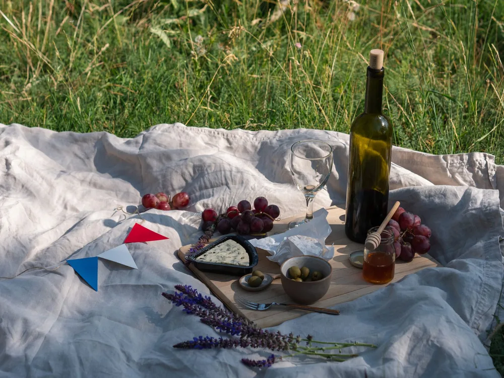 Outdoor picnic featuring wine, cheese, grapes, and olives on a sunny day