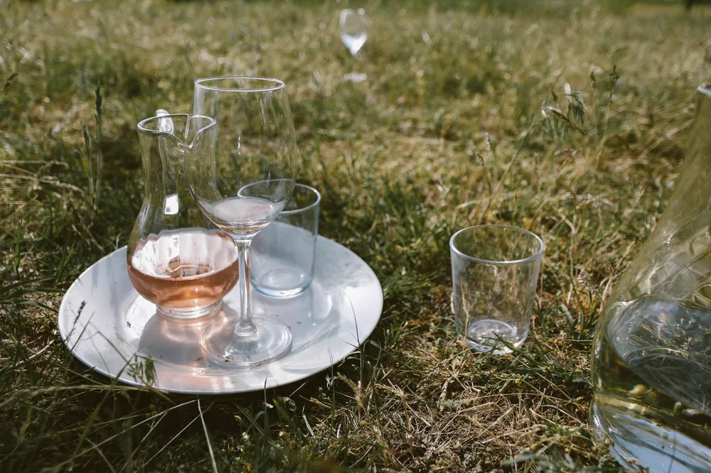 Outdoor picnic setting featuring wine glasses and a pitcher on a tray, set on grass