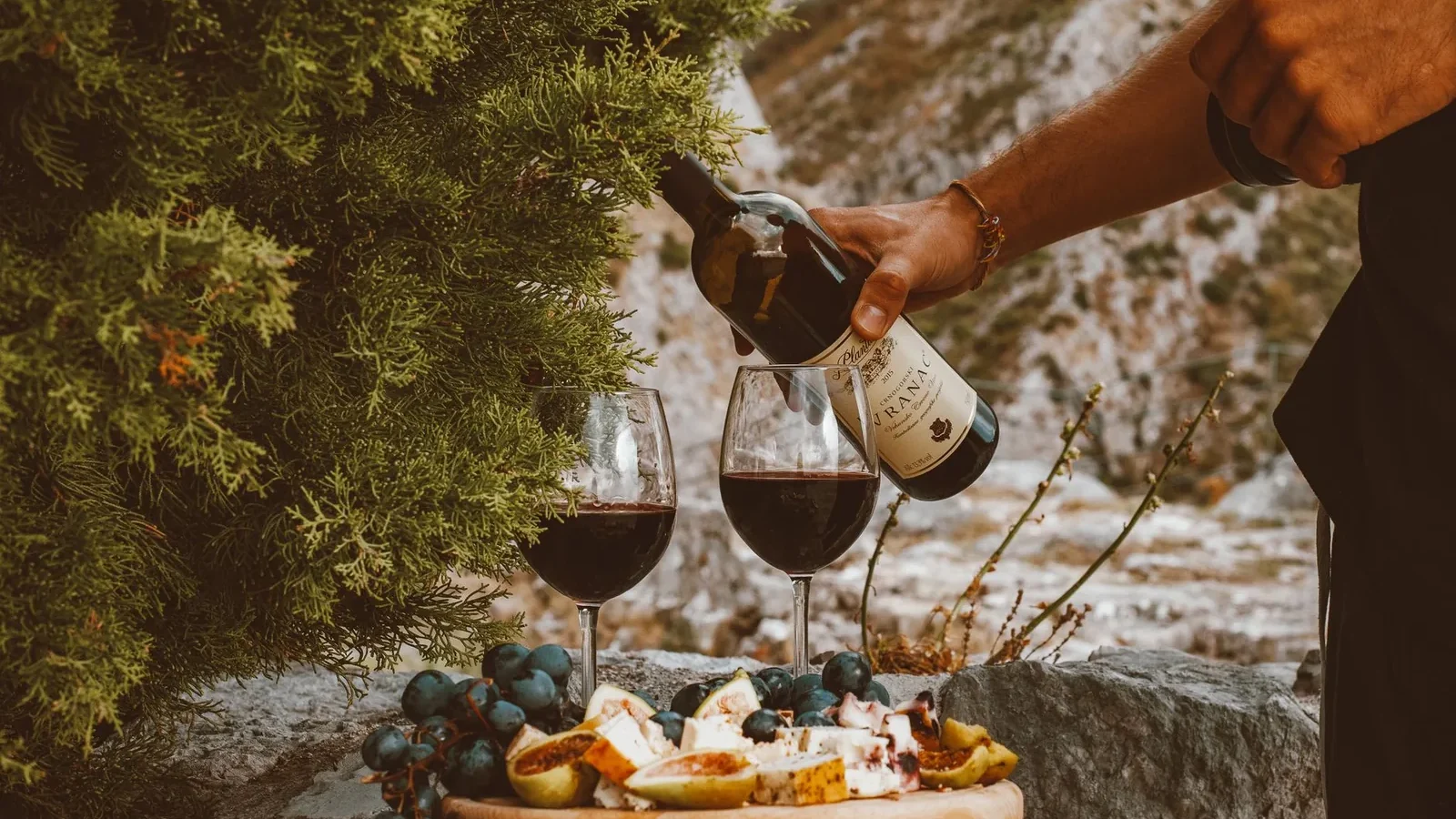 Outdoor setting with red wine, cheese, and grapes on a stone surface