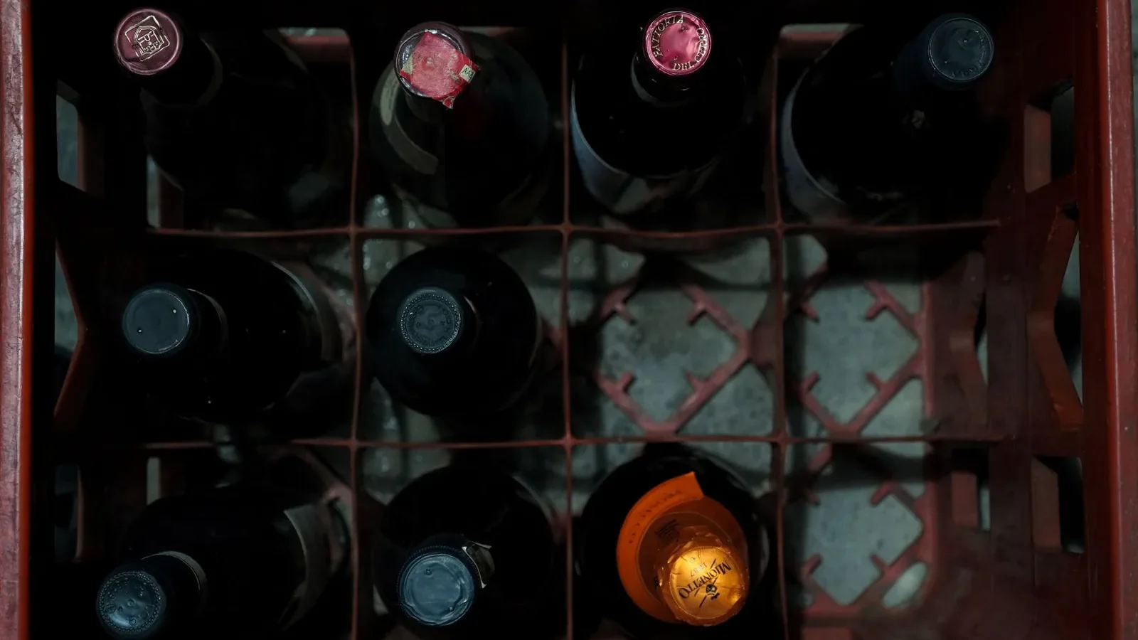 Overhead shot of assorted wine bottles in a red plastic crate showcasing storage arrangement