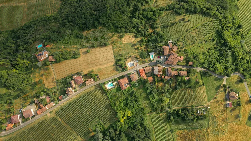 Overhead view of rural village, fields, and forest