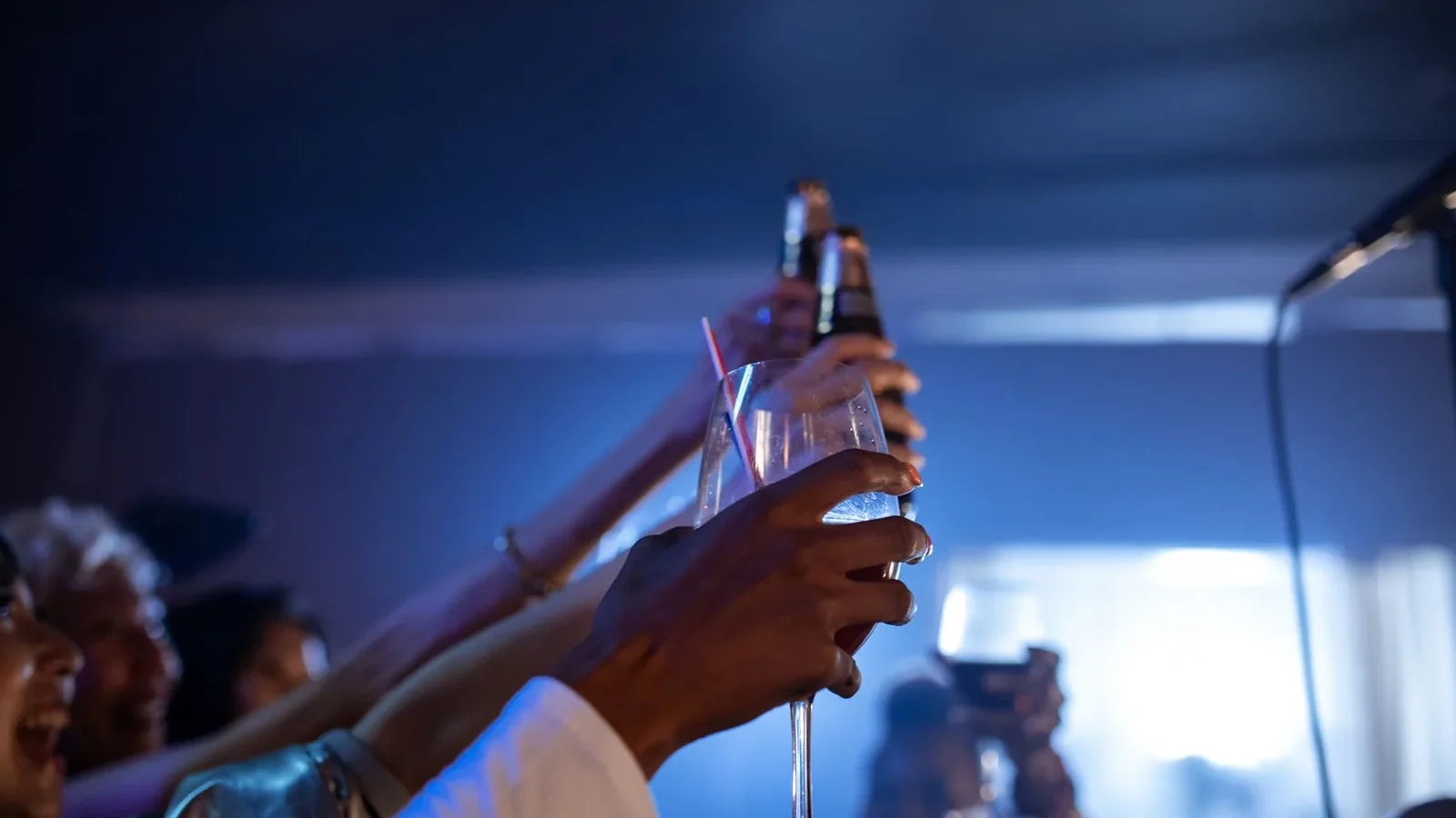 People raising glasses for a toast during a nightclub party