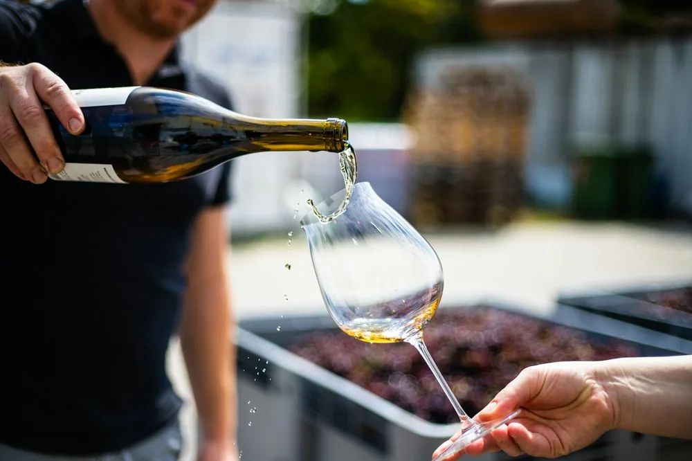 Person pouring water on clear wine glass