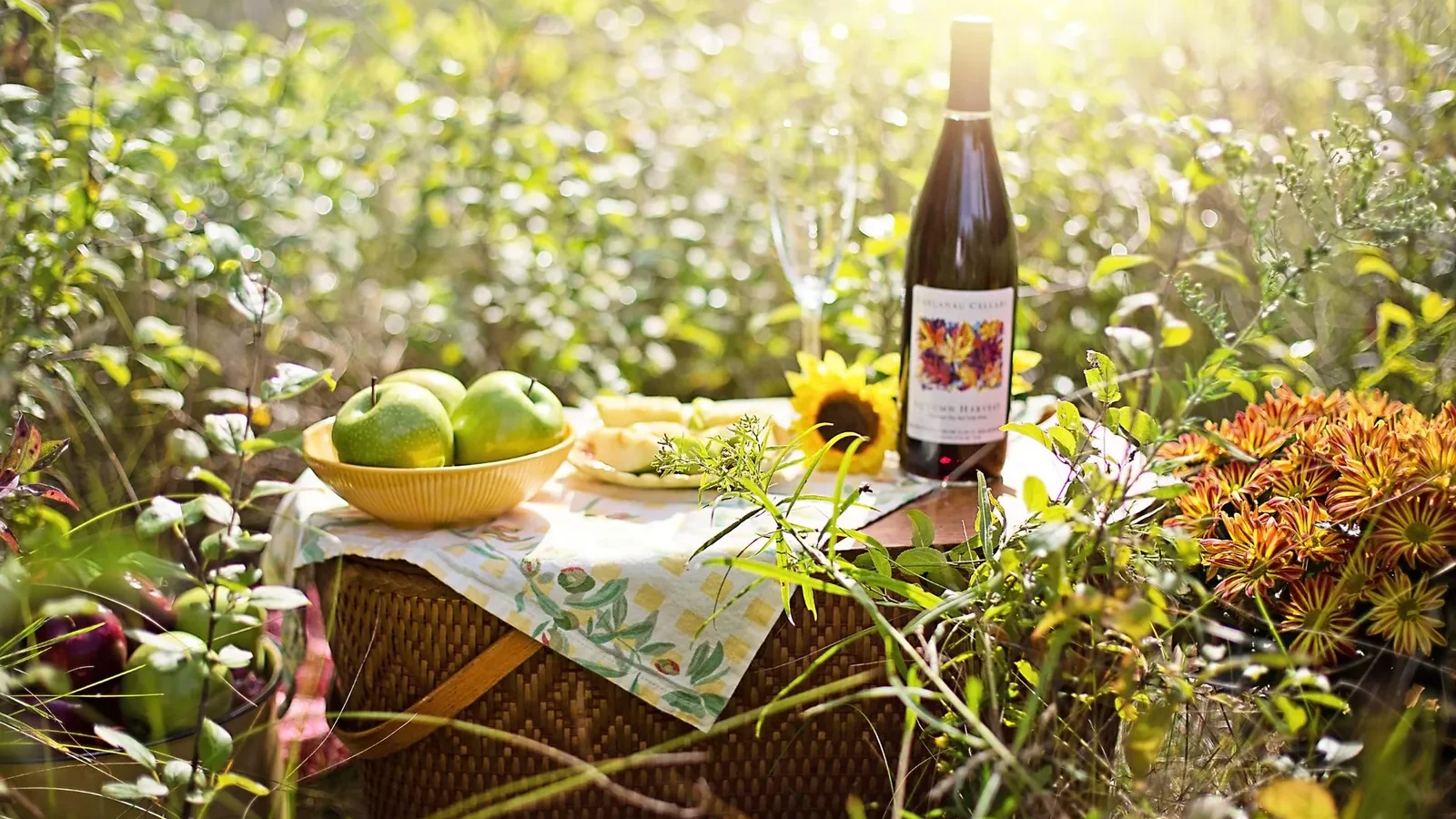 Picnic setup with wine, fruits, and sunflowers in bright sunlight